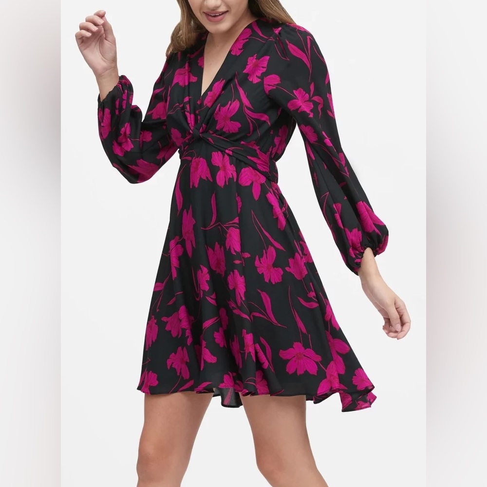 Banana Republic Black & Pink Floral V-Neck Puff-Sleeve Swing Dress Sz 14 NWT